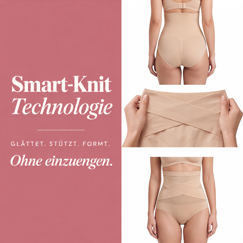 Smart-Knit-Technologie und Kreuzband der LUMIVE-Unterwäsche in drei Produktansichten