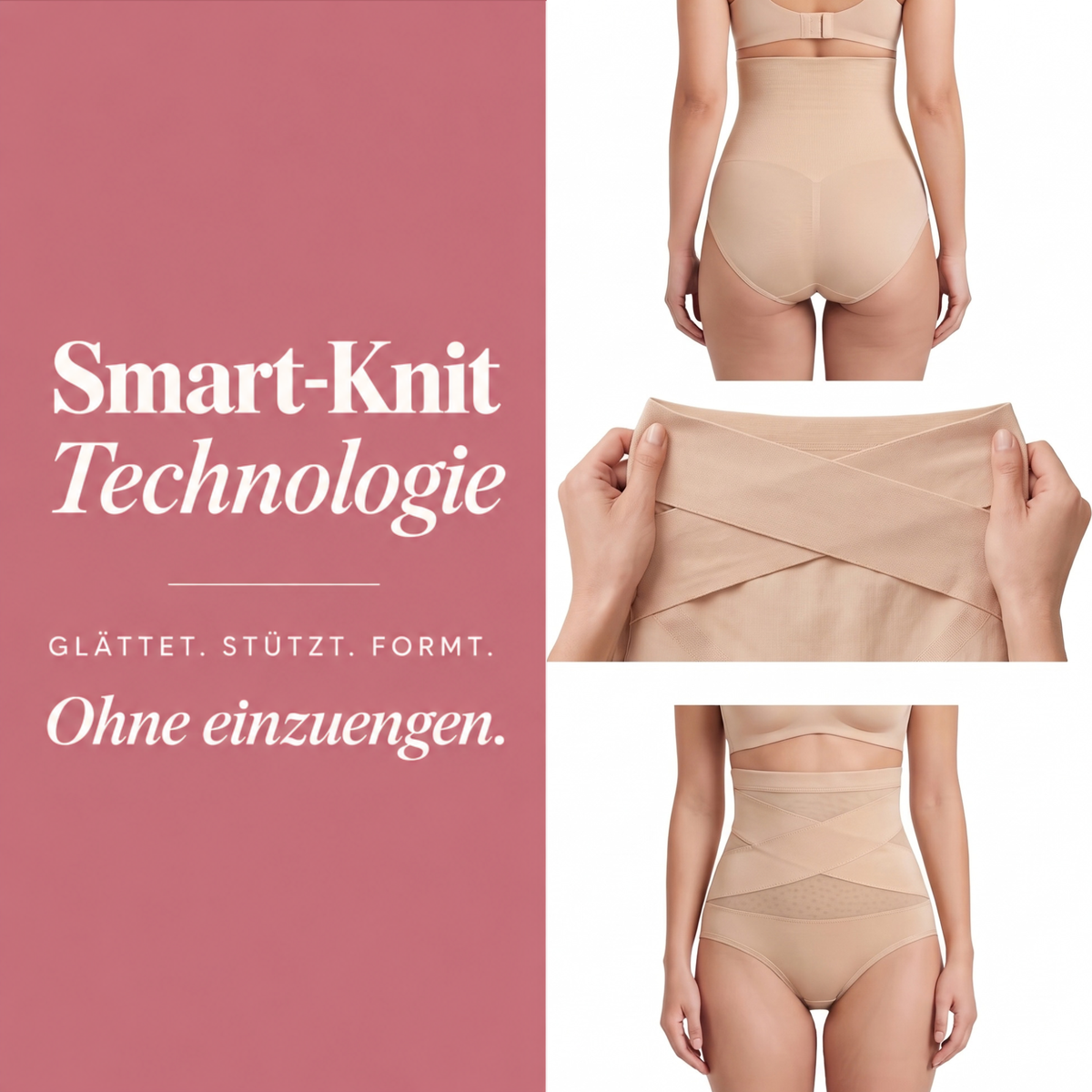 Smart-Knit-Technologie und Kreuzband der LUMIVE-Unterwäsche in drei Produktansichten